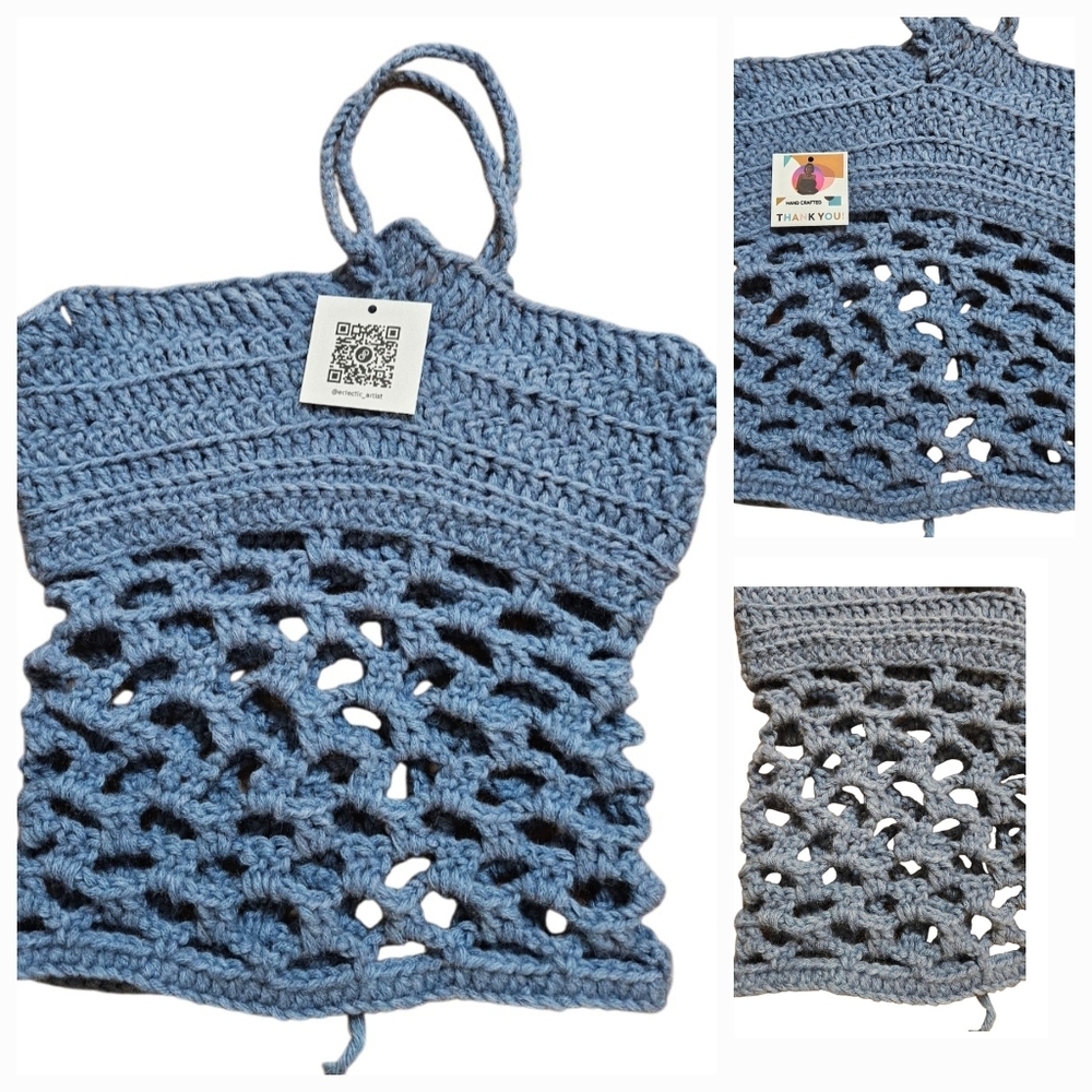 Handmade 4 ways Crochet Summer Top One-of-a-kind Blue Fishnet Bikini Crop-Top - Picture 14 of 17